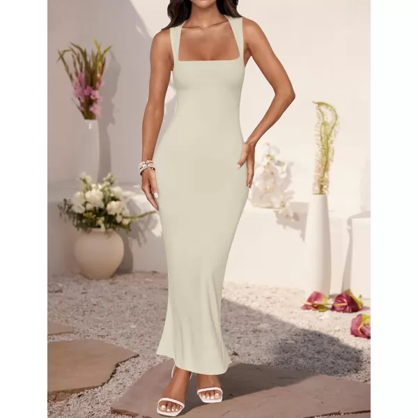 imageZESICA Womens Summer Bodycon Midi Dress 2024 Sleeveless Square Neck Slim Fit Back Slit Sundress Long Tank DressesApricot