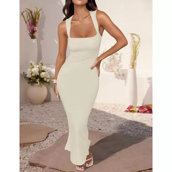 imageZESICA Womens Summer Bodycon Midi Dress 2024 Sleeveless Square Neck Slim Fit Back Slit Sundress Long Tank DressesApricot
