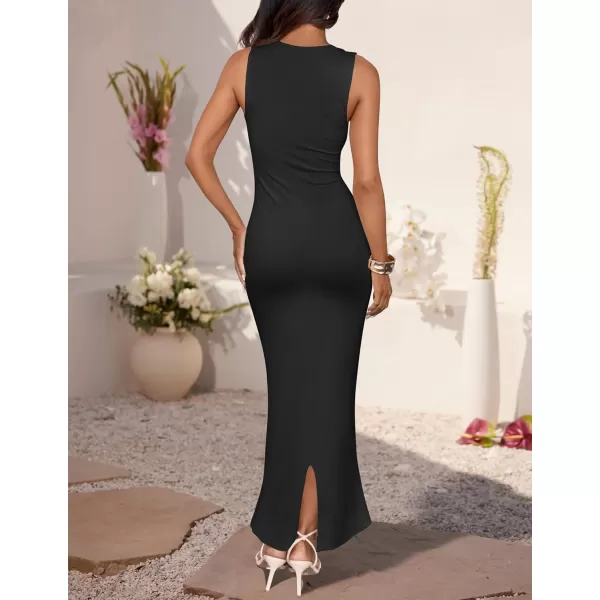 imageZESICA Womens Summer Bodycon Midi Dress 2024 Sleeveless Square Neck Slim Fit Back Slit Sundress Long Tank DressesBlack