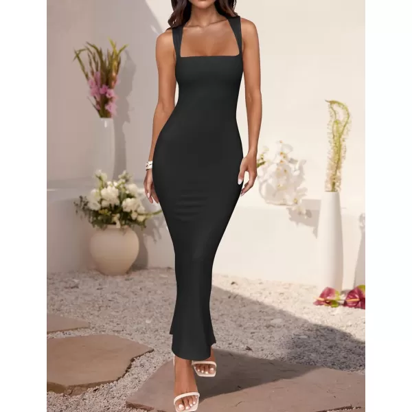 imageZESICA Womens Summer Bodycon Midi Dress 2024 Sleeveless Square Neck Slim Fit Back Slit Sundress Long Tank DressesBlack