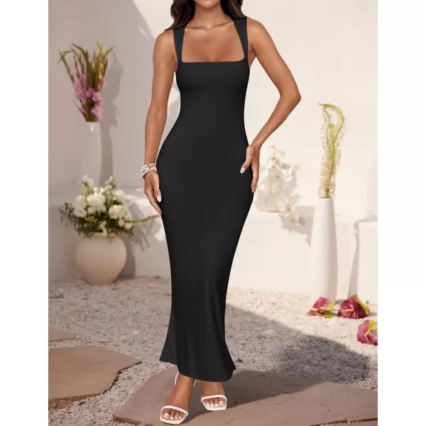 imageZESICA Womens Summer Bodycon Midi Dress 2024 Sleeveless Square Neck Slim Fit Back Slit Sundress Long Tank DressesBlack