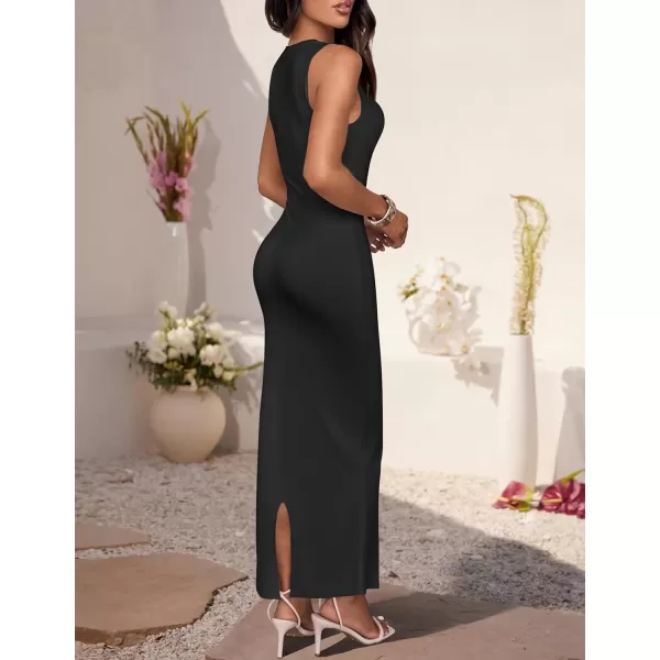 imageZESICA Womens Summer Bodycon Midi Dress 2024 Sleeveless Square Neck Slim Fit Back Slit Sundress Long Tank DressesBlack