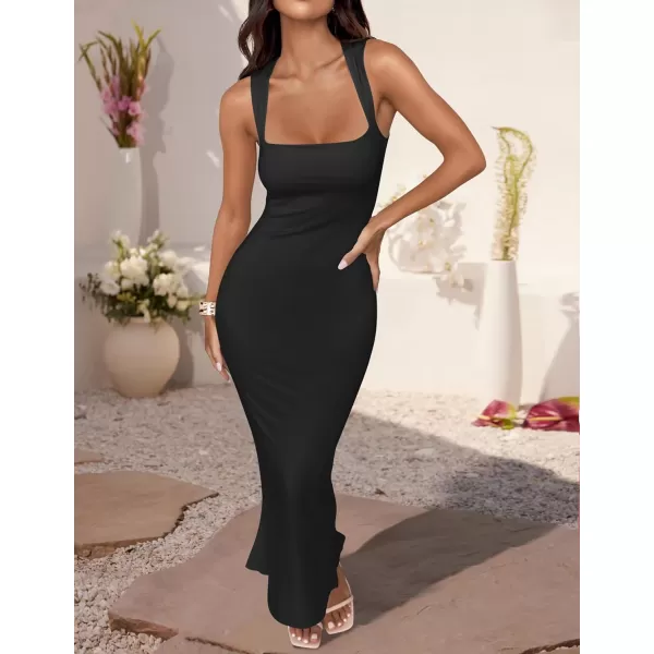 imageZESICA Womens Summer Bodycon Midi Dress 2024 Sleeveless Square Neck Slim Fit Back Slit Sundress Long Tank DressesBlack