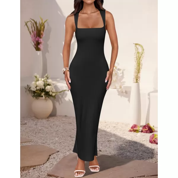 imageZESICA Womens Summer Bodycon Midi Dress 2024 Sleeveless Square Neck Slim Fit Back Slit Sundress Long Tank DressesBlack