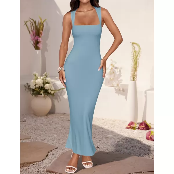 imageZESICA Womens Summer Bodycon Midi Dress 2024 Sleeveless Square Neck Slim Fit Back Slit Sundress Long Tank DressesBlue