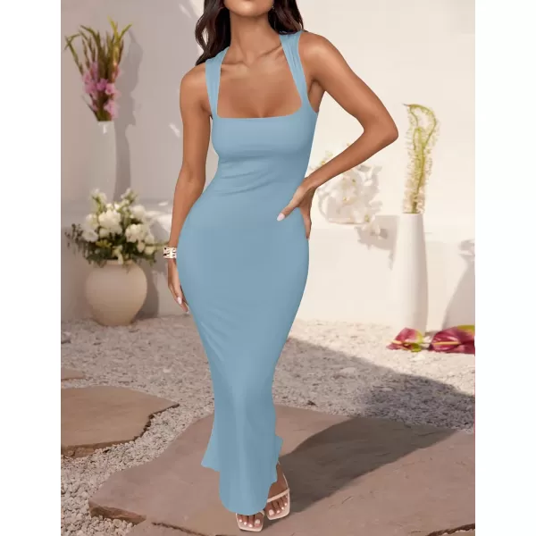 imageZESICA Womens Summer Bodycon Midi Dress 2024 Sleeveless Square Neck Slim Fit Back Slit Sundress Long Tank DressesBlue