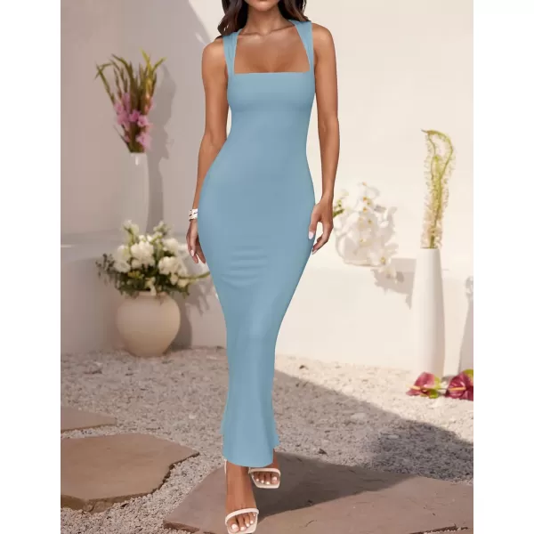 imageZESICA Womens Summer Bodycon Midi Dress 2024 Sleeveless Square Neck Slim Fit Back Slit Sundress Long Tank DressesBlue