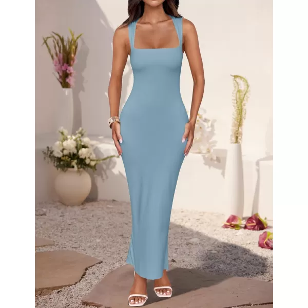 imageZESICA Womens Summer Bodycon Midi Dress 2024 Sleeveless Square Neck Slim Fit Back Slit Sundress Long Tank DressesBlue