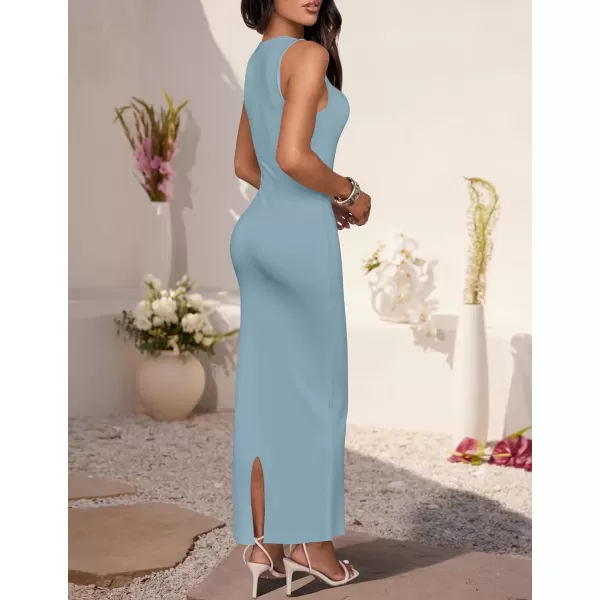 imageZESICA Womens Summer Bodycon Midi Dress 2024 Sleeveless Square Neck Slim Fit Back Slit Sundress Long Tank DressesBlue