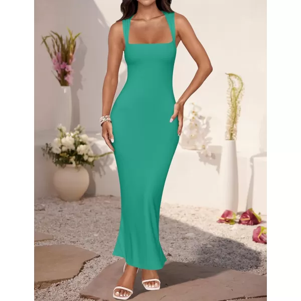 imageZESICA Womens Summer Bodycon Midi Dress 2024 Sleeveless Square Neck Slim Fit Back Slit Sundress Long Tank DressesGreen