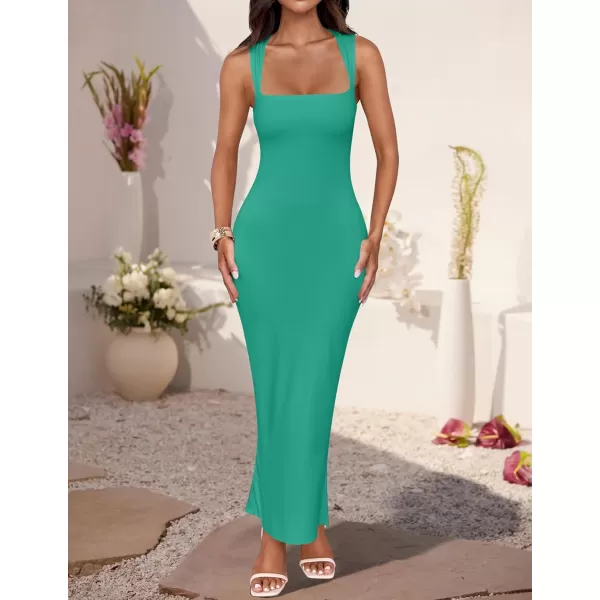 imageZESICA Womens Summer Bodycon Midi Dress 2024 Sleeveless Square Neck Slim Fit Back Slit Sundress Long Tank DressesGreen