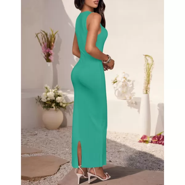 imageZESICA Womens Summer Bodycon Midi Dress 2024 Sleeveless Square Neck Slim Fit Back Slit Sundress Long Tank DressesGreen