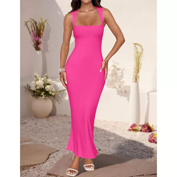 imageZESICA Womens Summer Bodycon Midi Dress 2024 Sleeveless Square Neck Slim Fit Back Slit Sundress Long Tank DressesRose