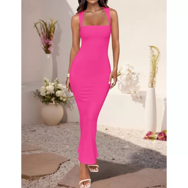 imageZESICA Womens Summer Bodycon Midi Dress 2024 Sleeveless Square Neck Slim Fit Back Slit Sundress Long Tank DressesRose