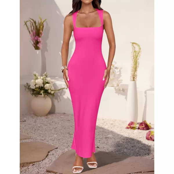 imageZESICA Womens Summer Bodycon Midi Dress 2024 Sleeveless Square Neck Slim Fit Back Slit Sundress Long Tank DressesRose