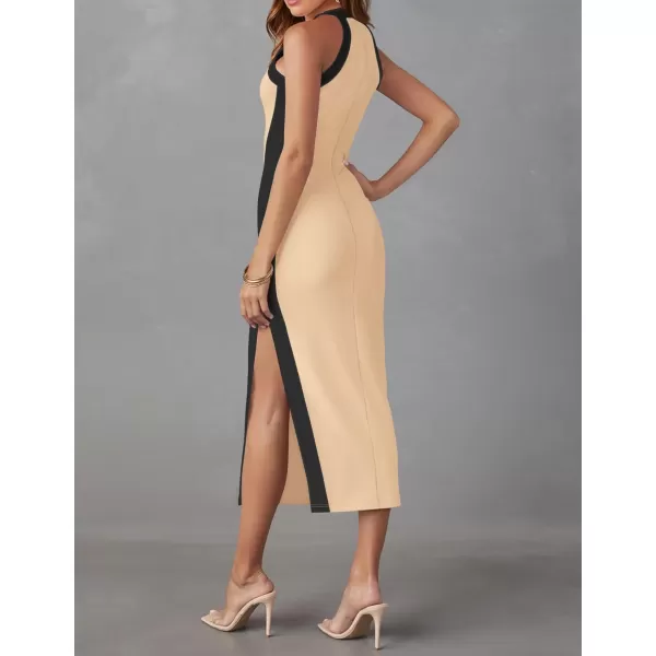 imageZESICA Womens Summer Bodycon Midi Dress Crew Neck Sleeveless Side Slit Slim Sexy Knit Party DressesApricot