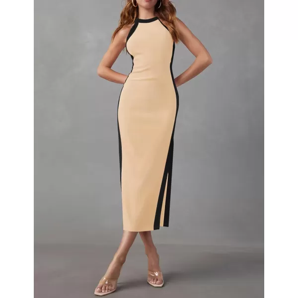 imageZESICA Womens Summer Bodycon Midi Dress Crew Neck Sleeveless Side Slit Slim Sexy Knit Party DressesApricot