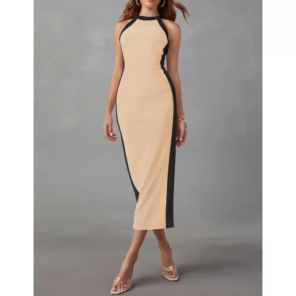imageZESICA Womens Summer Bodycon Midi Dress Crew Neck Sleeveless Side Slit Slim Sexy Knit Party DressesApricot