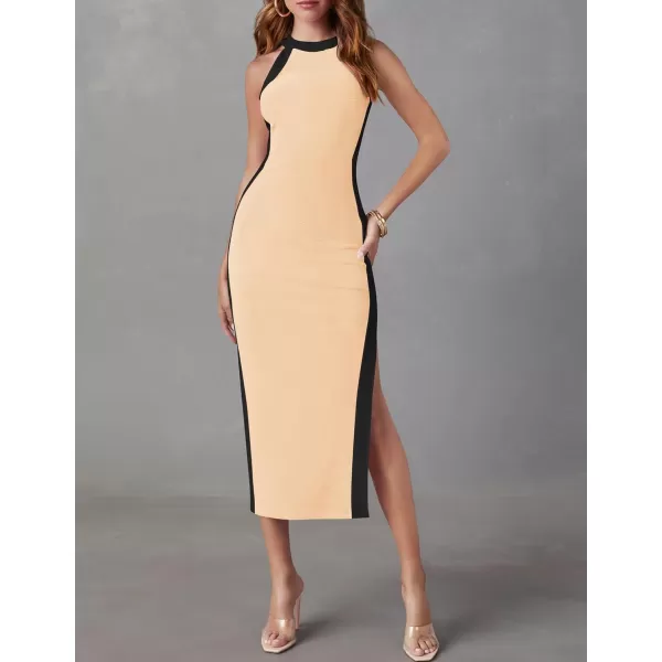 imageZESICA Womens Summer Bodycon Midi Dress Crew Neck Sleeveless Side Slit Slim Sexy Knit Party DressesApricot