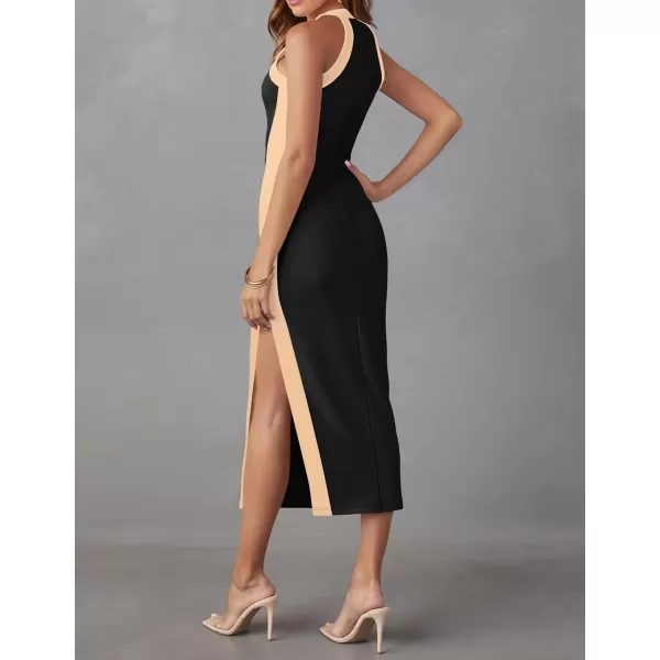 imageZESICA Womens Summer Bodycon Midi Dress Crew Neck Sleeveless Side Slit Slim Sexy Knit Party DressesBlack