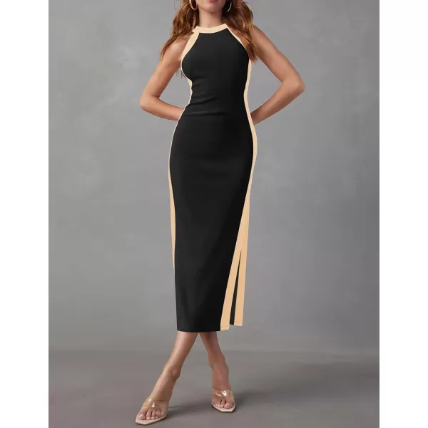imageZESICA Womens Summer Bodycon Midi Dress Crew Neck Sleeveless Side Slit Slim Sexy Knit Party DressesBlack