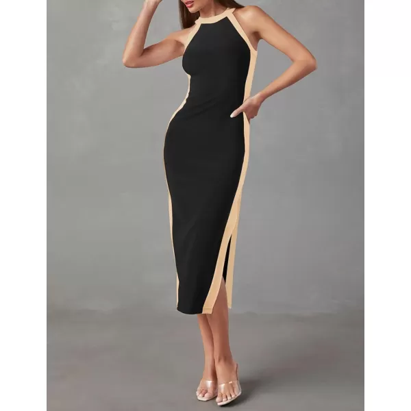 imageZESICA Womens Summer Bodycon Midi Dress Crew Neck Sleeveless Side Slit Slim Sexy Knit Party DressesBlack