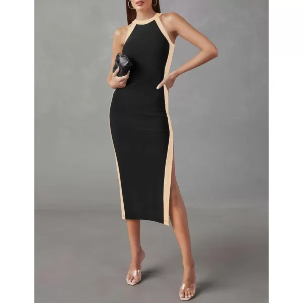 imageZESICA Womens Summer Bodycon Midi Dress Crew Neck Sleeveless Side Slit Slim Sexy Knit Party DressesBlack