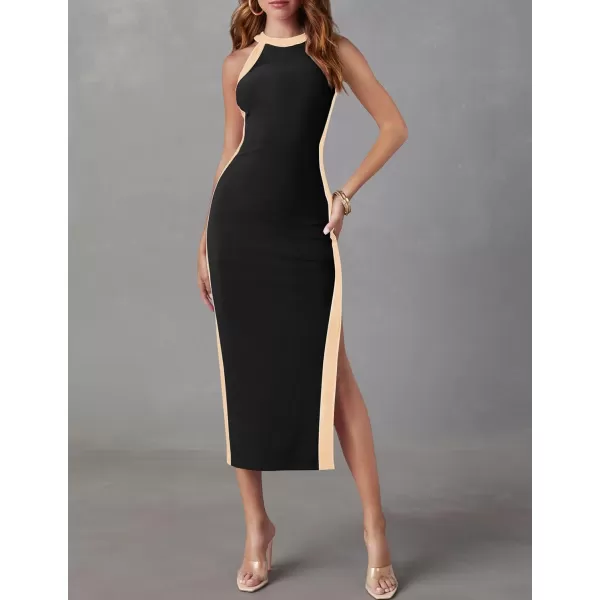 imageZESICA Womens Summer Bodycon Midi Dress Crew Neck Sleeveless Side Slit Slim Sexy Knit Party DressesBlack