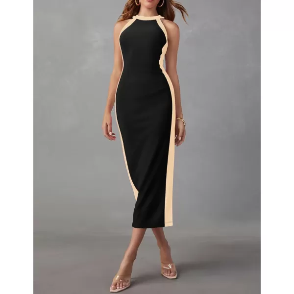 imageZESICA Womens Summer Bodycon Midi Dress Crew Neck Sleeveless Side Slit Slim Sexy Knit Party DressesBlack