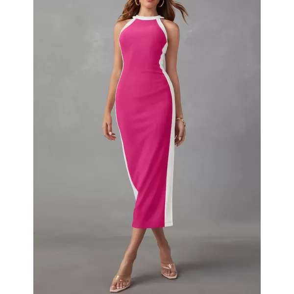 imageZESICA Womens Summer Bodycon Midi Dress Crew Neck Sleeveless Side Slit Slim Sexy Knit Party DressesRose