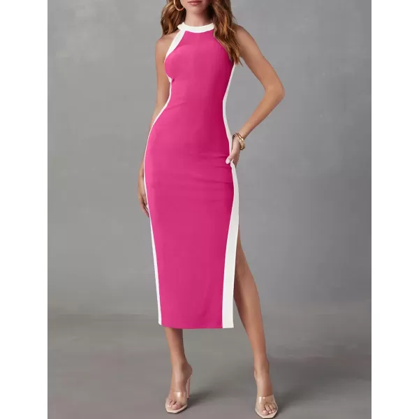 imageZESICA Womens Summer Bodycon Midi Dress Crew Neck Sleeveless Side Slit Slim Sexy Knit Party DressesRose