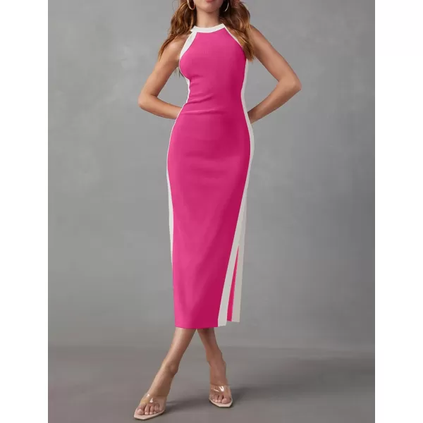 imageZESICA Womens Summer Bodycon Midi Dress Crew Neck Sleeveless Side Slit Slim Sexy Knit Party DressesRose