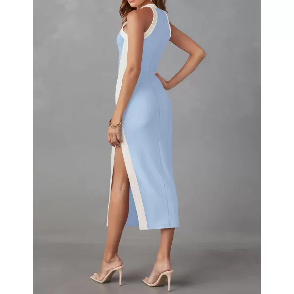 imageZESICA Womens Summer Bodycon Midi Dress Crew Neck Sleeveless Side Slit Slim Sexy Knit Party DressesSky