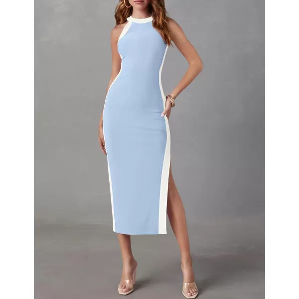 imageZESICA Womens Summer Bodycon Midi Dress Crew Neck Sleeveless Side Slit Slim Sexy Knit Party DressesSky