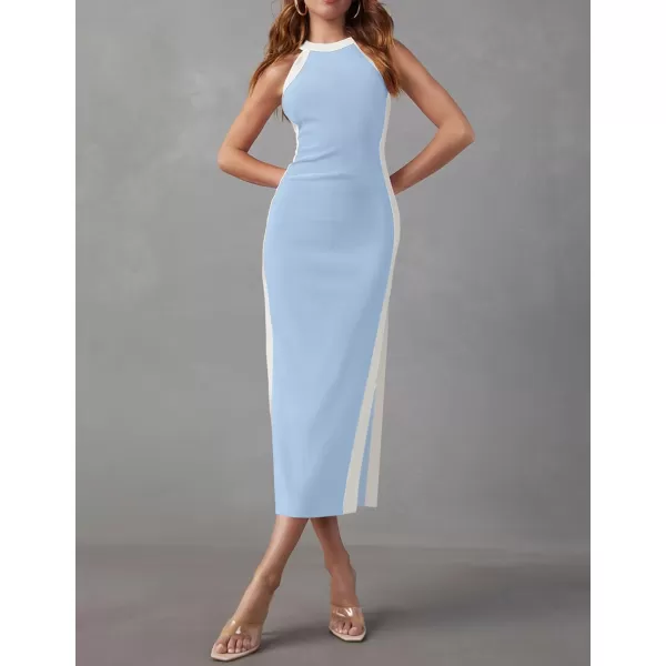 imageZESICA Womens Summer Bodycon Midi Dress Crew Neck Sleeveless Side Slit Slim Sexy Knit Party DressesSky
