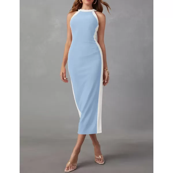 imageZESICA Womens Summer Bodycon Midi Dress Crew Neck Sleeveless Side Slit Slim Sexy Knit Party DressesSky