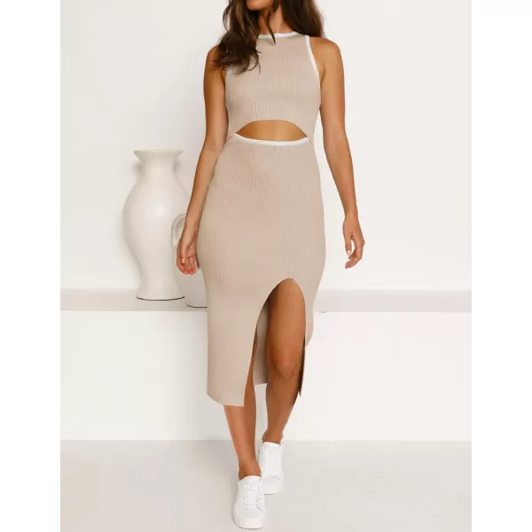 imageZESICA Womens Summer Bodycon Sweater Dress Sleeveless Crew Neck Cut Out Contrast Color Side Slit Pencil DressesApricot