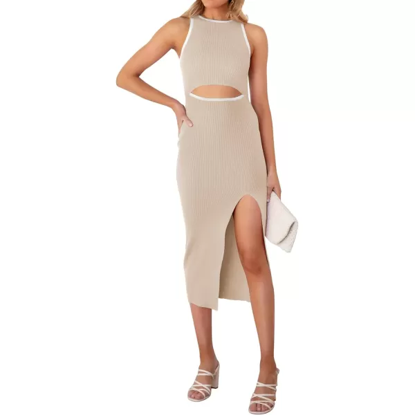 imageZESICA Womens Summer Bodycon Sweater Dress Sleeveless Crew Neck Cut Out Contrast Color Side Slit Pencil DressesApricot