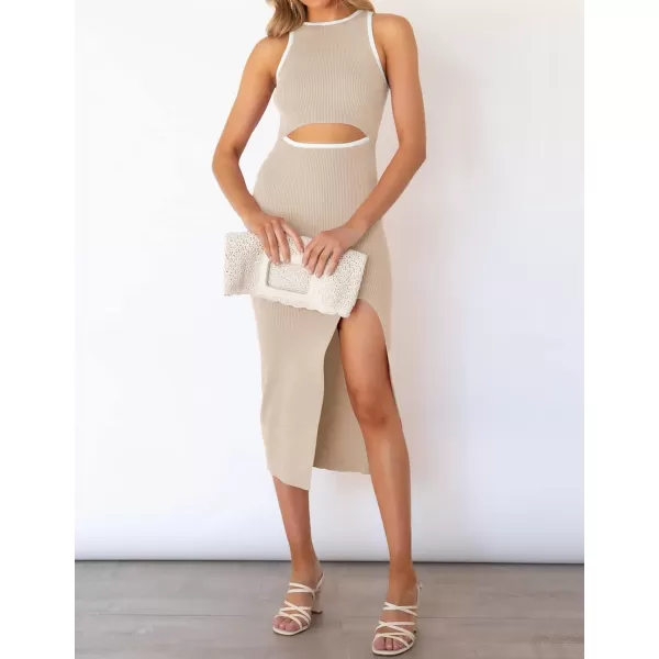 imageZESICA Womens Summer Bodycon Sweater Dress Sleeveless Crew Neck Cut Out Contrast Color Side Slit Pencil DressesApricot