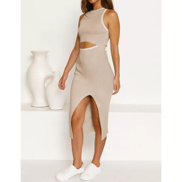 imageZESICA Womens Summer Bodycon Sweater Dress Sleeveless Crew Neck Cut Out Contrast Color Side Slit Pencil DressesApricot