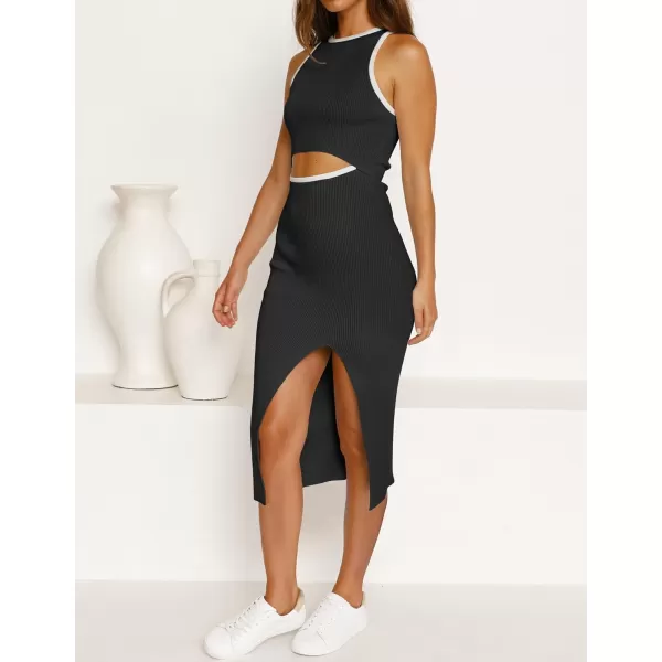 imageZESICA Womens Summer Bodycon Sweater Dress Sleeveless Crew Neck Cut Out Contrast Color Side Slit Pencil DressesBlack
