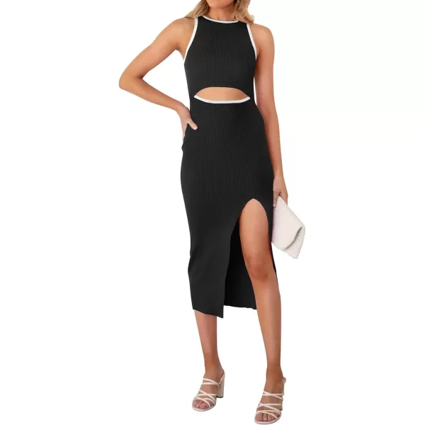 imageZESICA Womens Summer Bodycon Sweater Dress Sleeveless Crew Neck Cut Out Contrast Color Side Slit Pencil DressesBlack