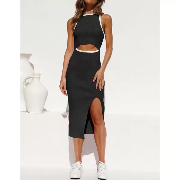 imageZESICA Womens Summer Bodycon Sweater Dress Sleeveless Crew Neck Cut Out Contrast Color Side Slit Pencil DressesBlack