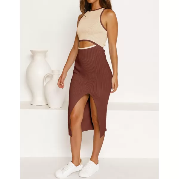 imageZESICA Womens Summer Bodycon Sweater Dress Sleeveless Crew Neck Cut Out Contrast Color Side Slit Pencil DressesBrown