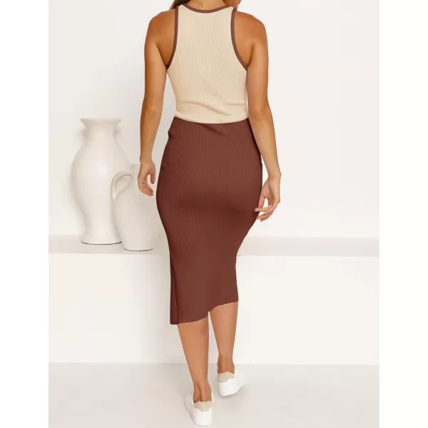 imageZESICA Womens Summer Bodycon Sweater Dress Sleeveless Crew Neck Cut Out Contrast Color Side Slit Pencil DressesBrown