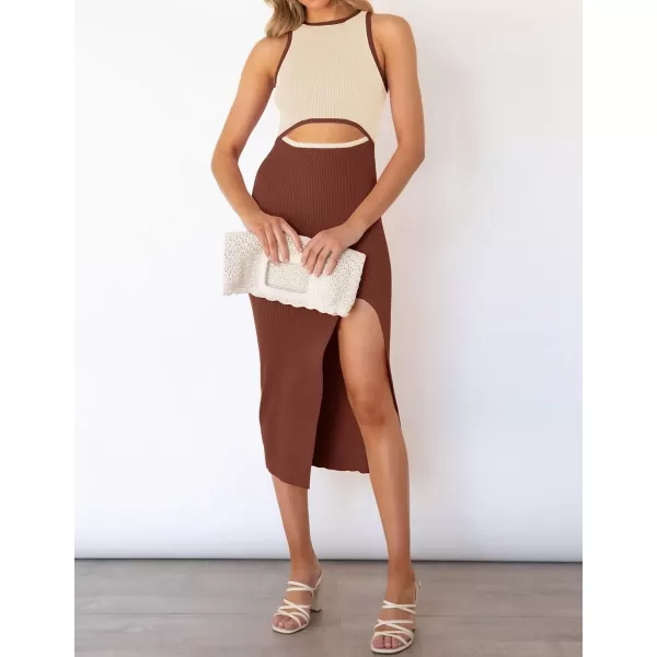 imageZESICA Womens Summer Bodycon Sweater Dress Sleeveless Crew Neck Cut Out Contrast Color Side Slit Pencil DressesBrown