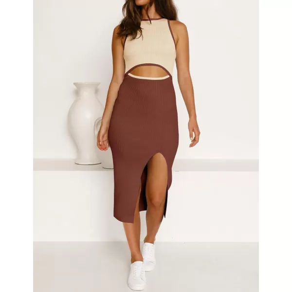 imageZESICA Womens Summer Bodycon Sweater Dress Sleeveless Crew Neck Cut Out Contrast Color Side Slit Pencil DressesBrown