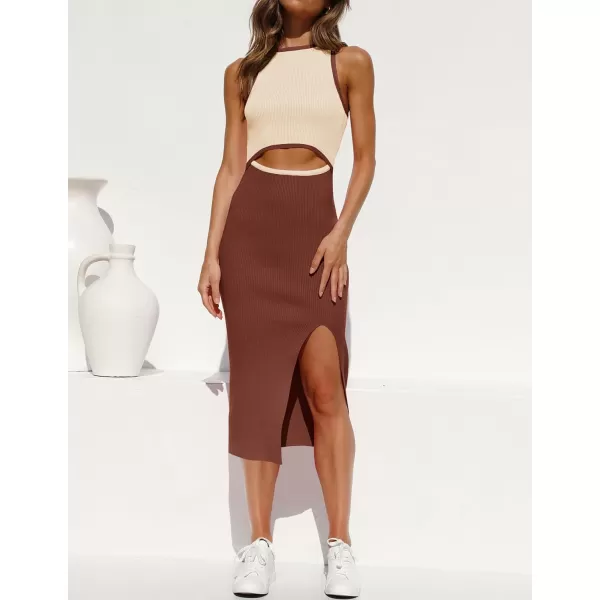imageZESICA Womens Summer Bodycon Sweater Dress Sleeveless Crew Neck Cut Out Contrast Color Side Slit Pencil DressesBrown