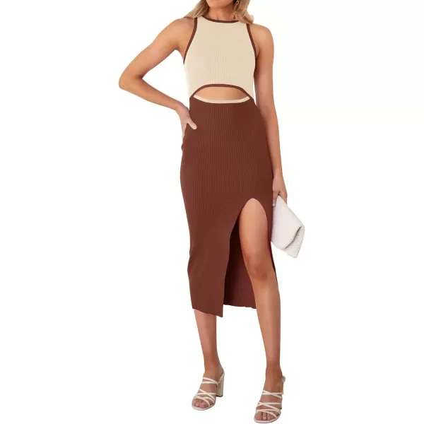 imageZESICA Womens Summer Bodycon Sweater Dress Sleeveless Crew Neck Cut Out Contrast Color Side Slit Pencil DressesBrown