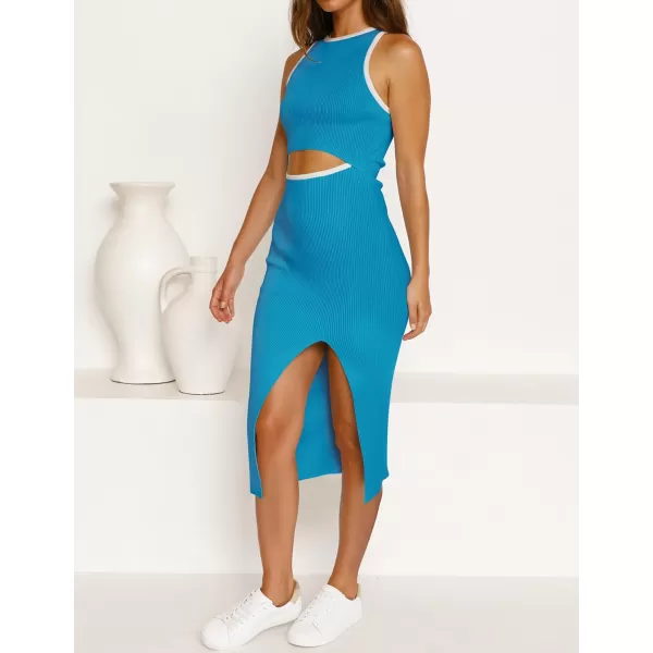 imageZESICA Womens Summer Bodycon Sweater Dress Sleeveless Crew Neck Cut Out Contrast Color Side Slit Pencil DressesCobalt